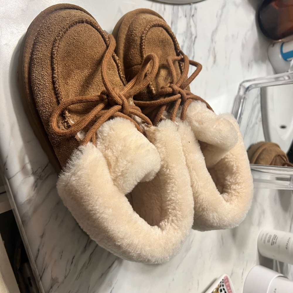 Ugg Cozy Tan Suede Slippers with Cream Fur Lining